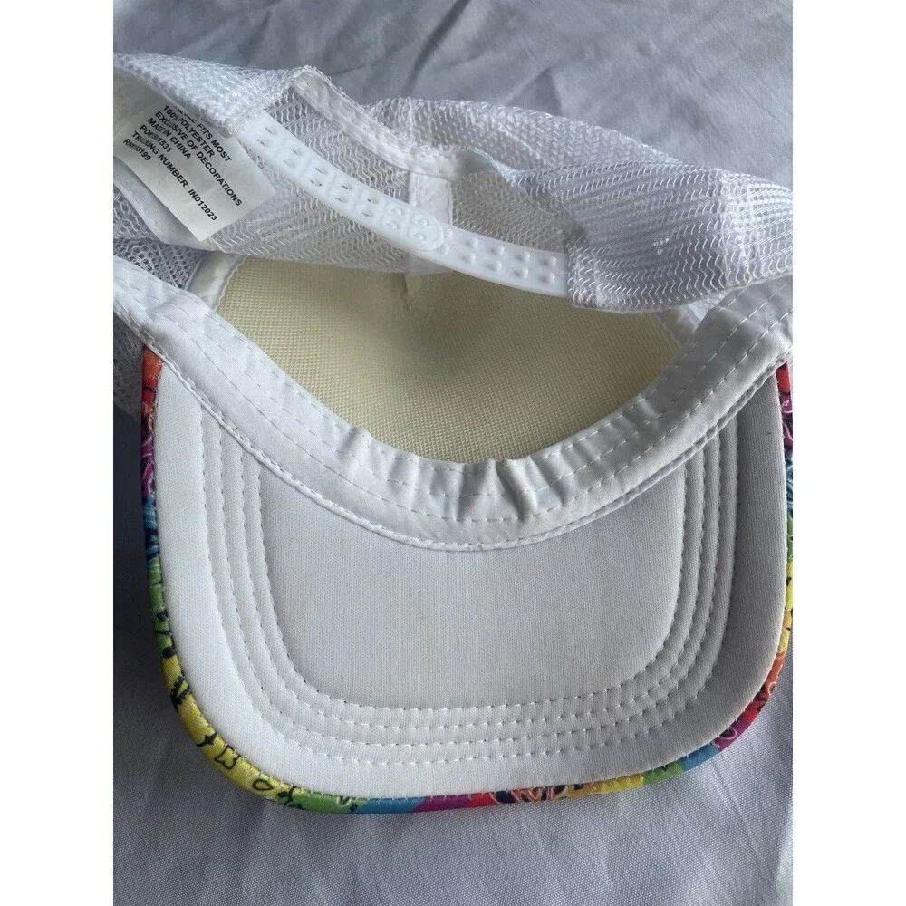 RainBow White Hat Rhinestone Heart Turker Bling Mesh Bandana Pride Y2K Cap